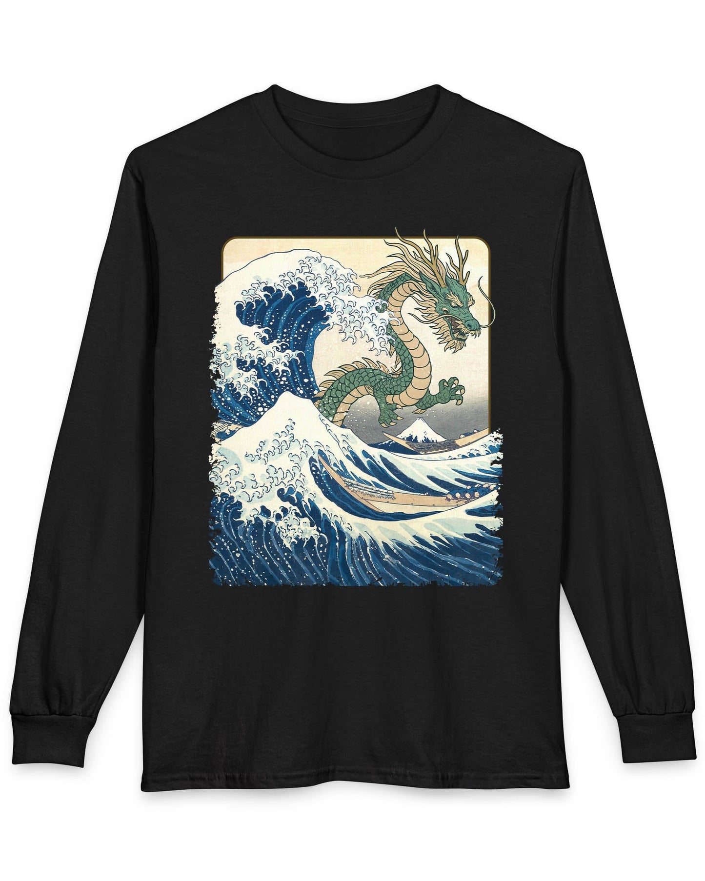 Great Dragon Wave shirt in black, featuring a green dragon emerging from an ocean wave in ukiyo-e art style.