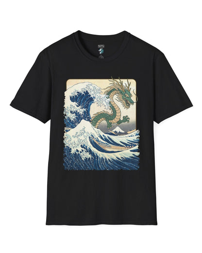 Great Dragon Wave shirt in black, featuring a green dragon emerging from an ocean wave in ukiyo-e art style.
