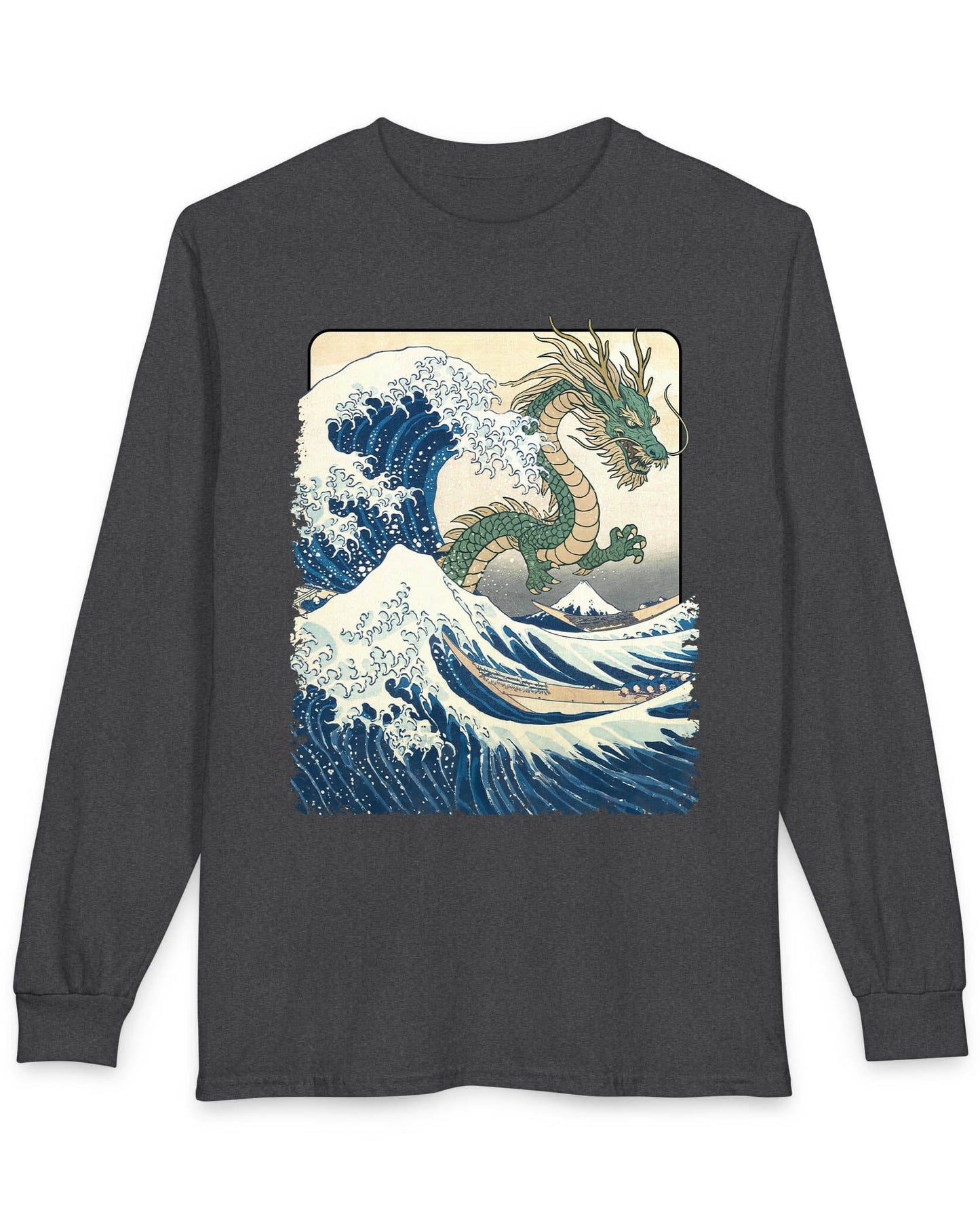 Great Dragon Wave shirt in dark heather grey, featuring a green dragon emerging from an ocean wave in ukiyo-e art style.