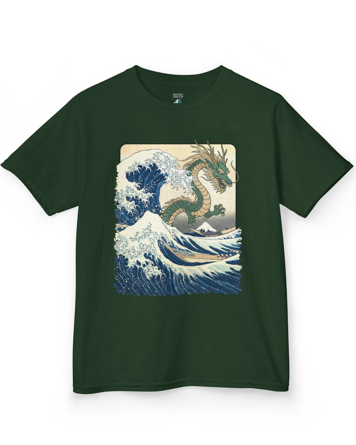 Great Dragon Wave shirt in forest green, featuring a green dragon emerging from an ocean wave in ukiyo-e art style.
