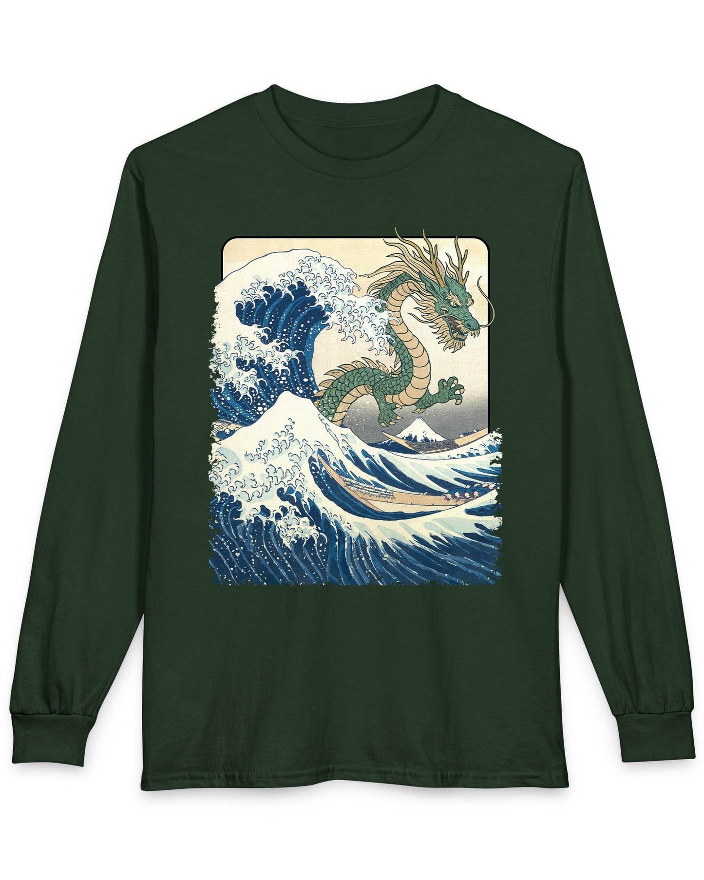 Great Dragon Wave shirt in forest green, featuring a green dragon emerging from an ocean wave in ukiyo-e art style.
