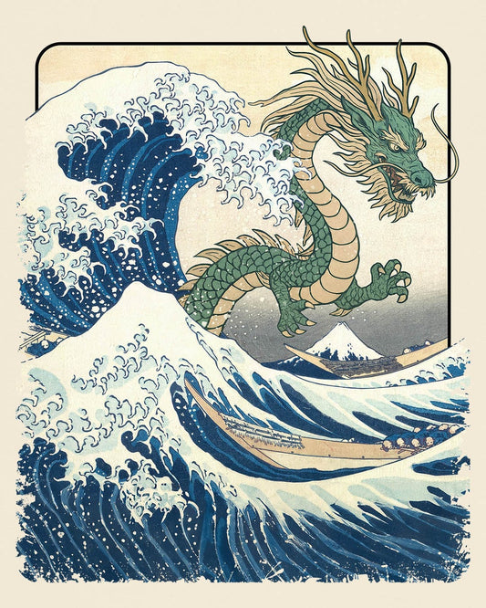 Great Dragon Wave shirt in natural, featuring a green dragon emerging from an ocean wave in ukiyo-e art style.