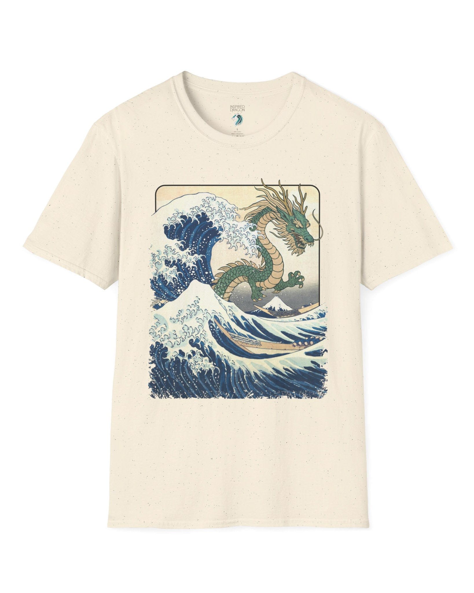 Great Dragon Wave shirt in natural, featuring a green dragon emerging from an ocean wave in ukiyo-e art style.