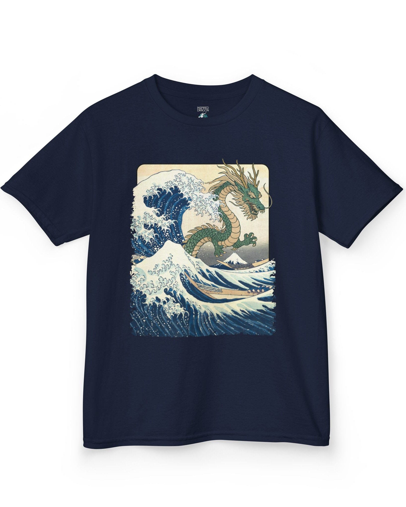 Great Dragon Wave shirt in navy, featuring a green dragon emerging from an ocean wave in ukiyo-e art style.