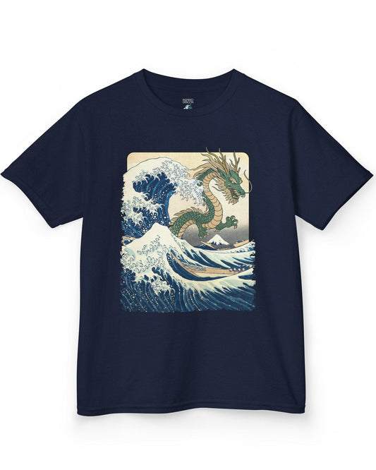 Great Dragon Wave shirt in navy, featuring a green dragon emerging from an ocean wave in ukiyo-e art style.