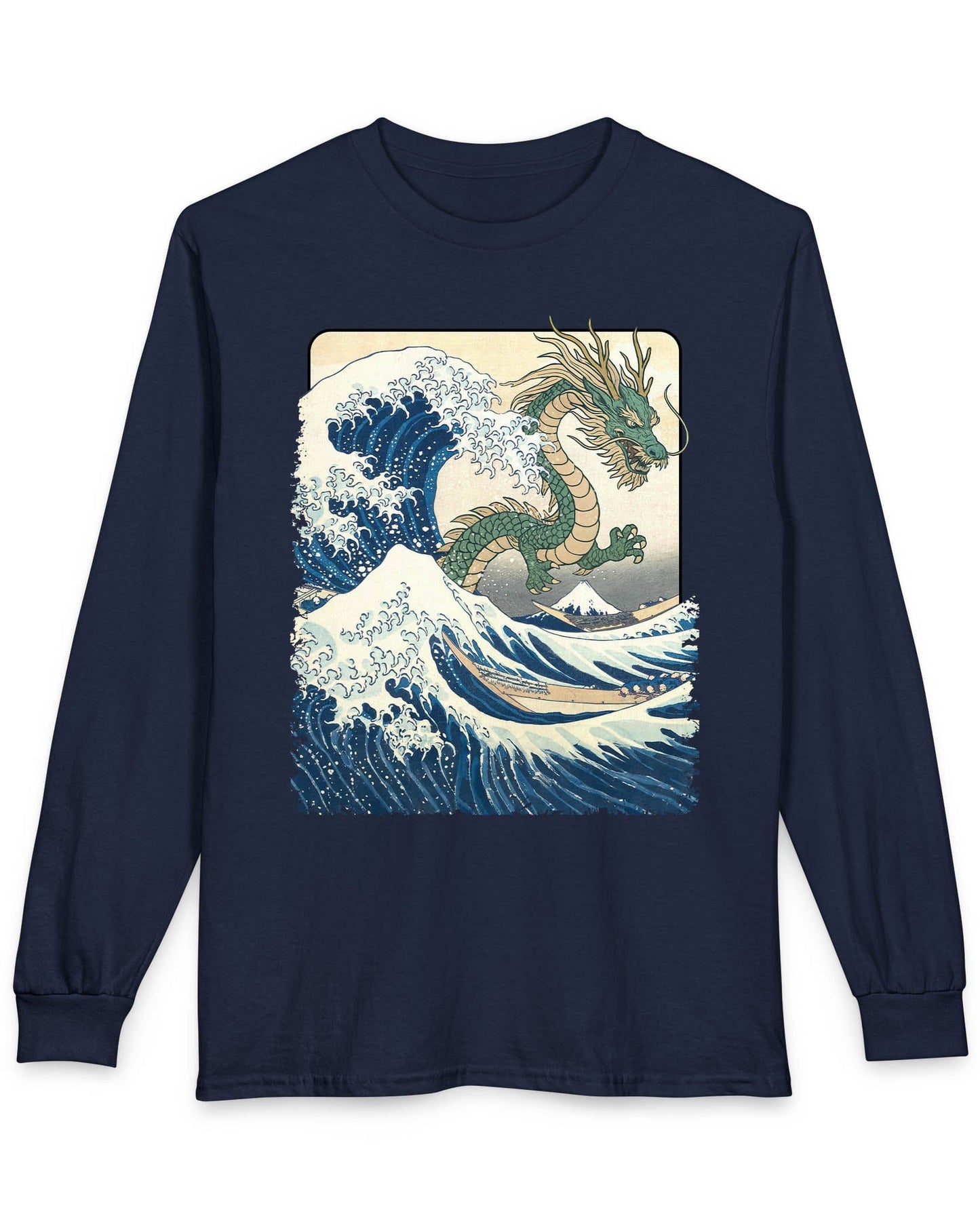 Great Dragon Wave shirt in navy, featuring a green dragon emerging from an ocean wave in ukiyo-e art style.