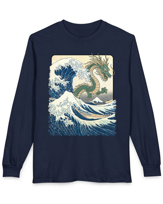 Great Dragon Wave shirt in navy, featuring a green dragon emerging from an ocean wave in ukiyo-e art style.