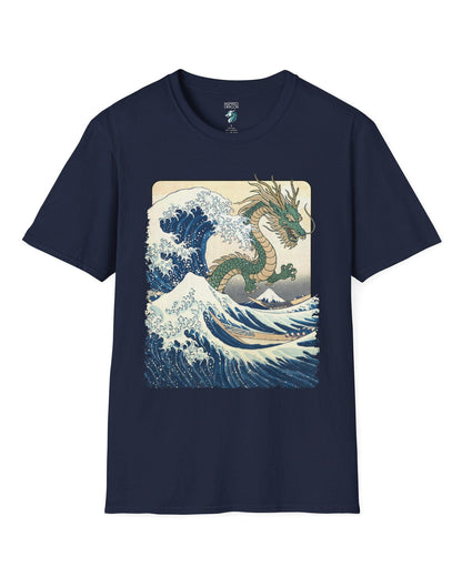 Great Dragon Wave shirt in navy, featuring a green dragon emerging from an ocean wave in ukiyo-e art style.
