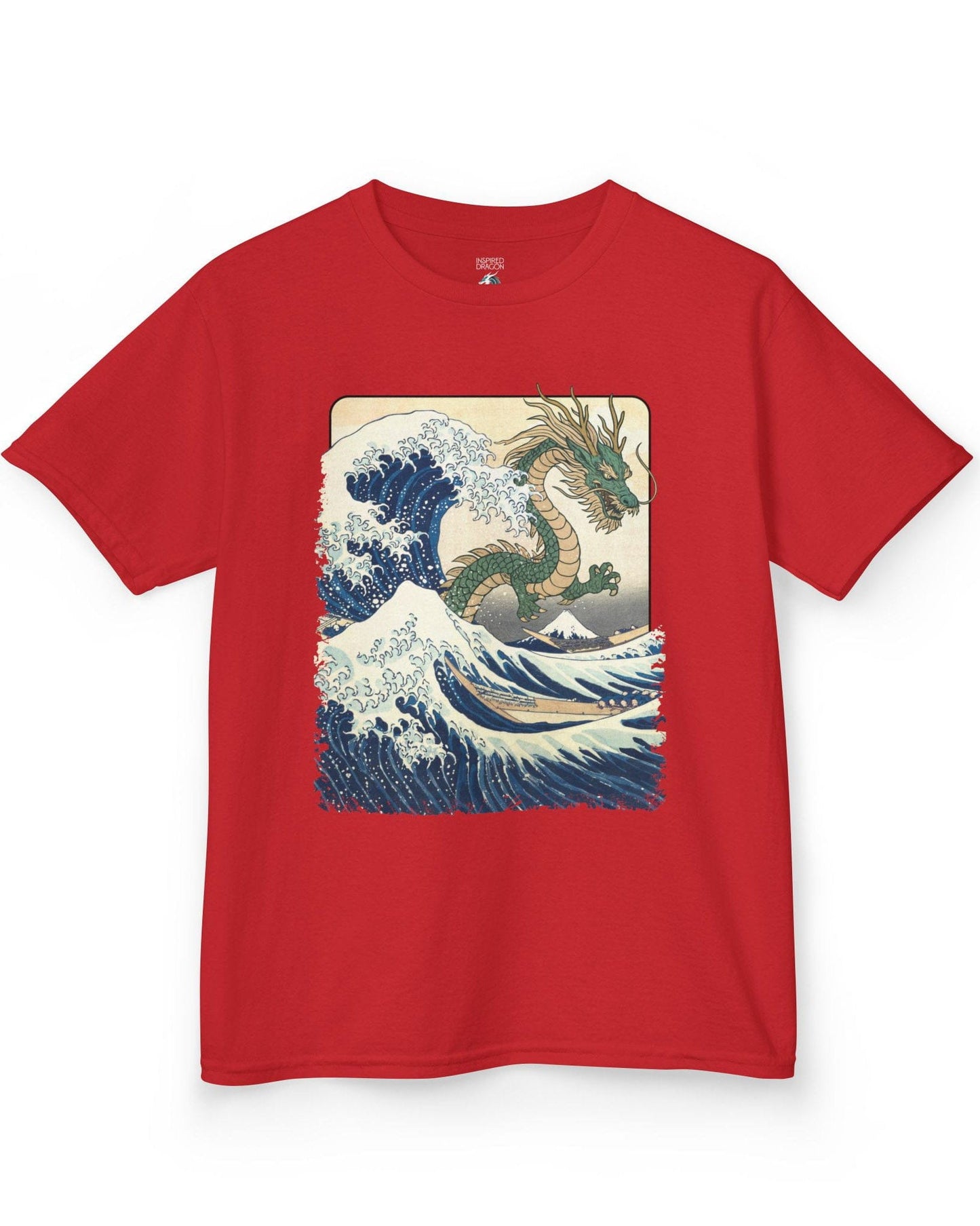 Great Dragon Wave shirt in red, featuring a green dragon emerging from an ocean wave in ukiyo-e art style.