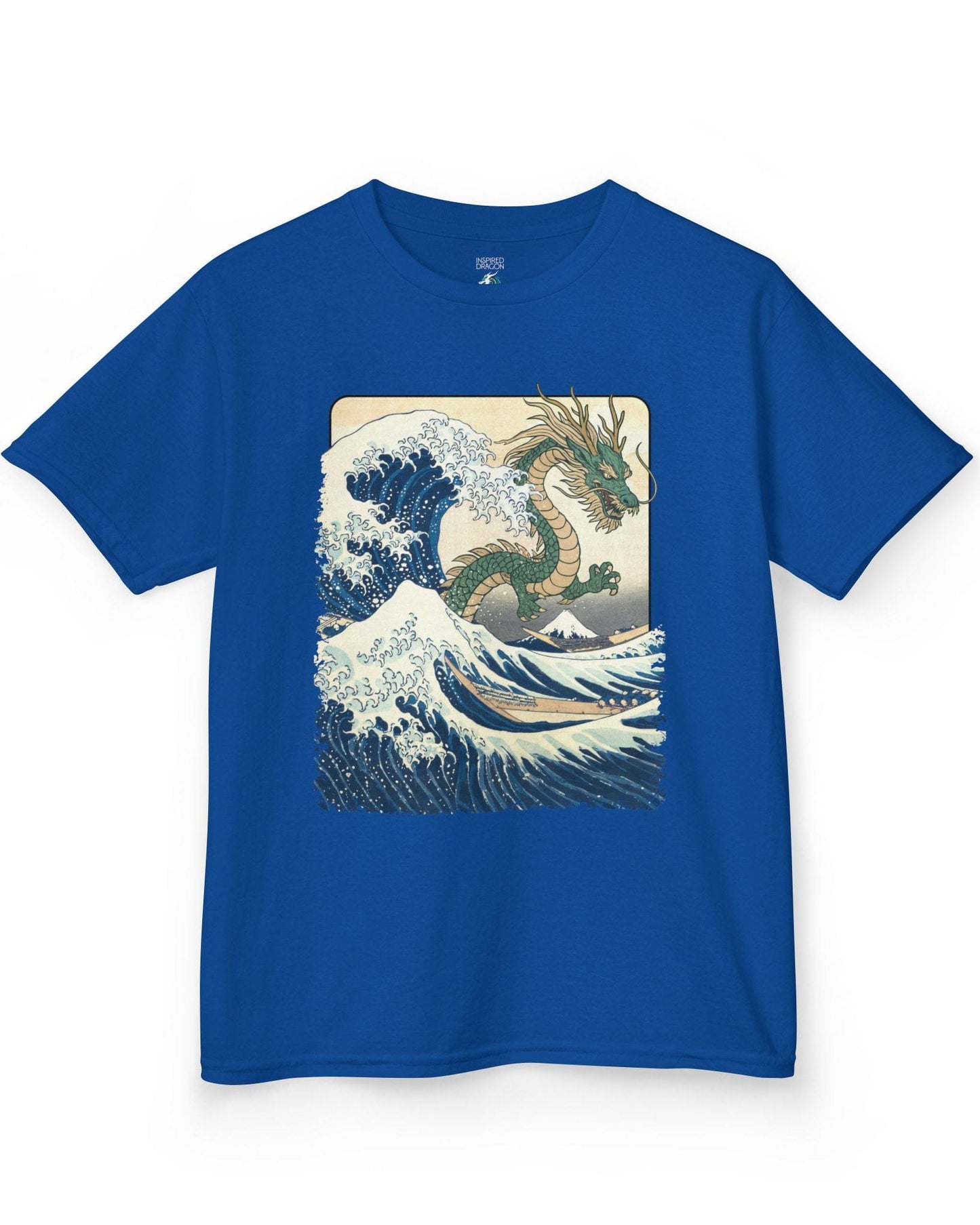 Great Dragon Wave shirt in royal blue, featuring a green dragon emerging from an ocean wave in ukiyo-e art style.