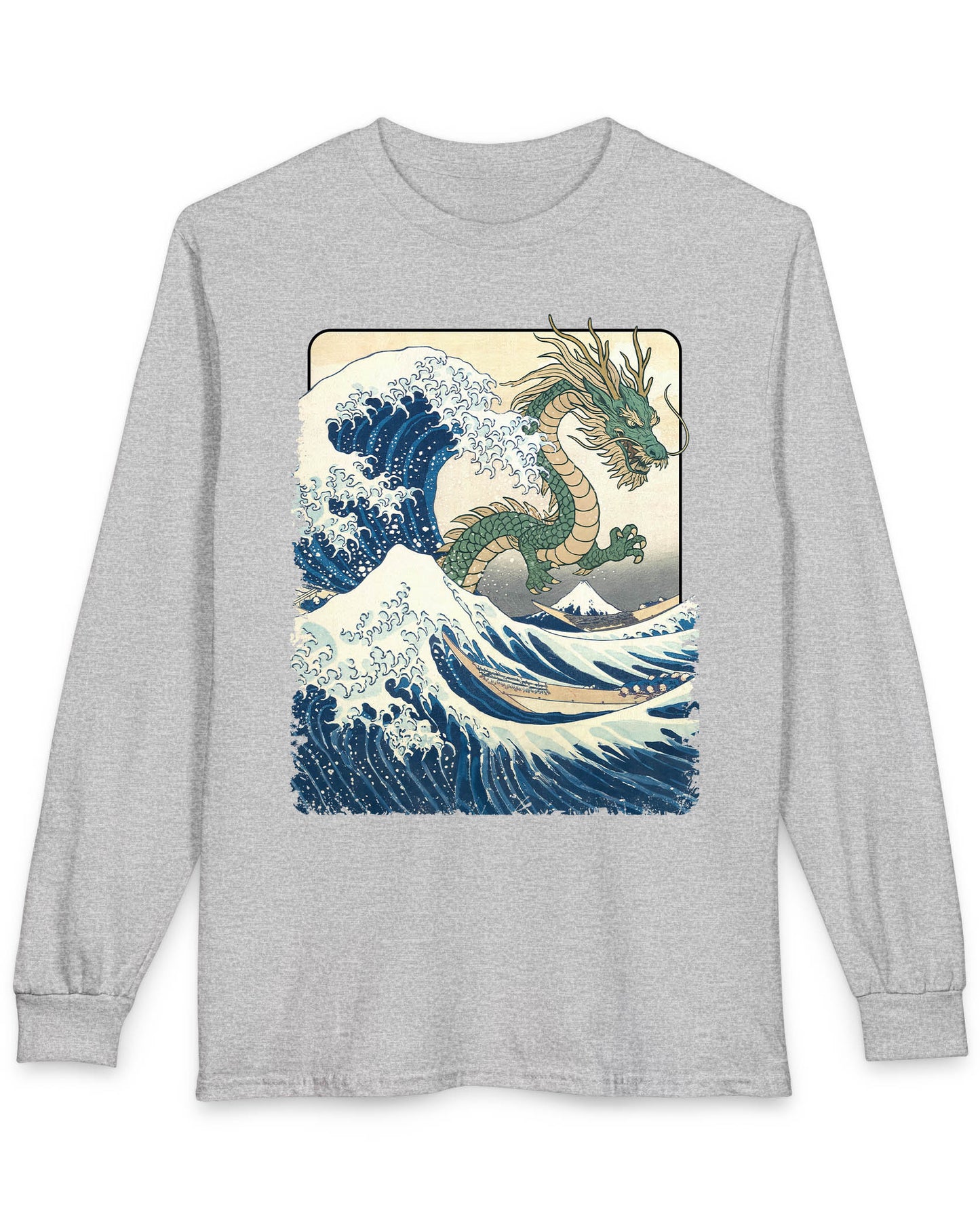 Great Dragon Wave shirt in sport grey, featuring a green dragon emerging from an ocean wave in ukiyo-e art style.