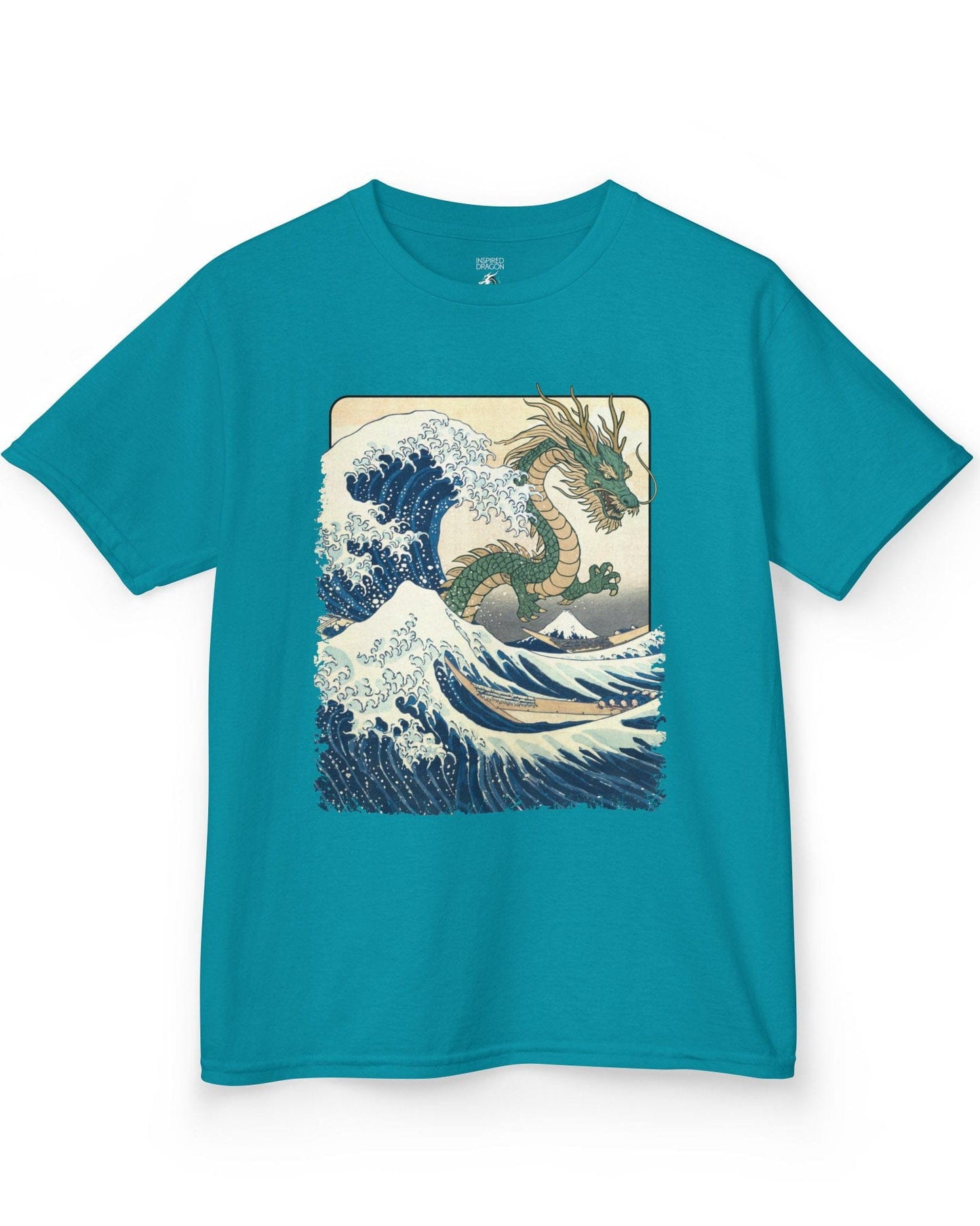 Great Dragon Wave shirt in tropical blue, featuring a green dragon emerging from an ocean wave in ukiyo-e art style.