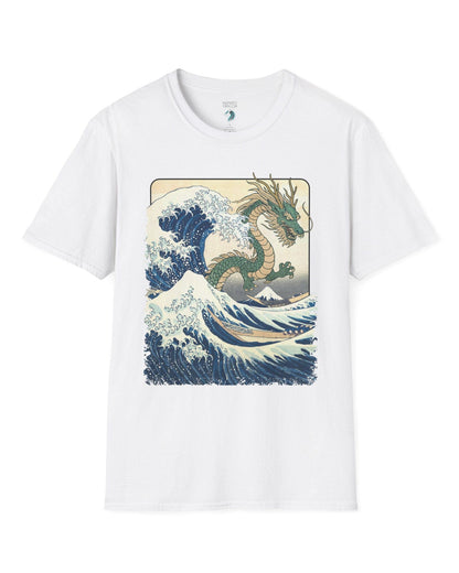 Great Dragon Wave shirt in white, featuring a green dragon emerging from an ocean wave in ukiyo-e art style.
