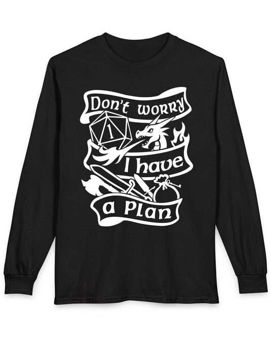 Don't Worry, I Have a Plan shirt in black, featuring a dragon, gear, and a d20 die showing a critical fail.