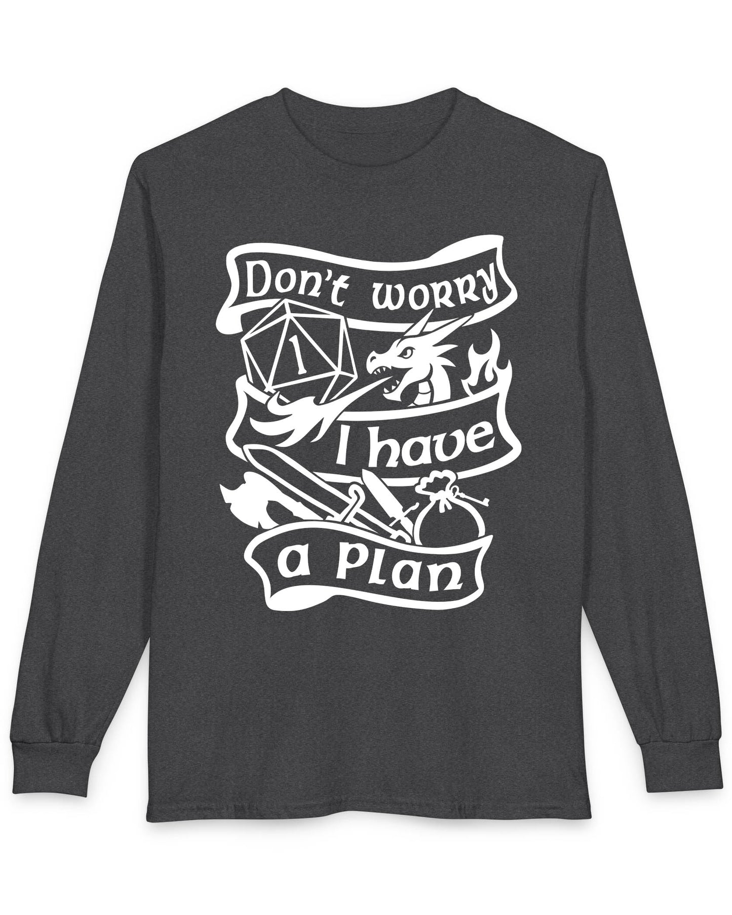 Don't Worry, I Have a Plan shirt in dark heather grey, featuring a dragon, gear, and a d20 die showing a critical fail.