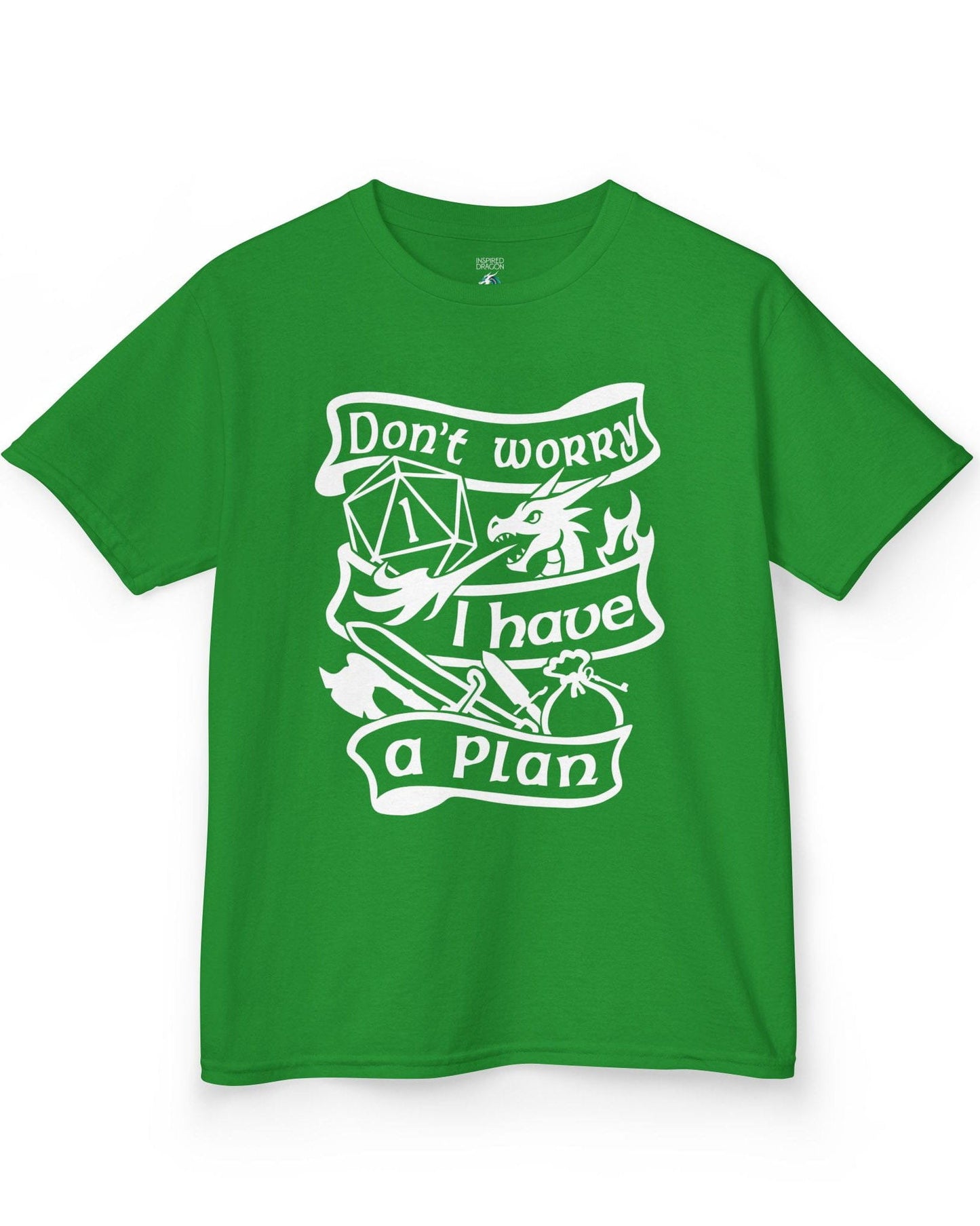 Don't Worry, I Have a Plan shirt in Irish green, featuring a dragon, gear, and a d20 die showing a critical fail.