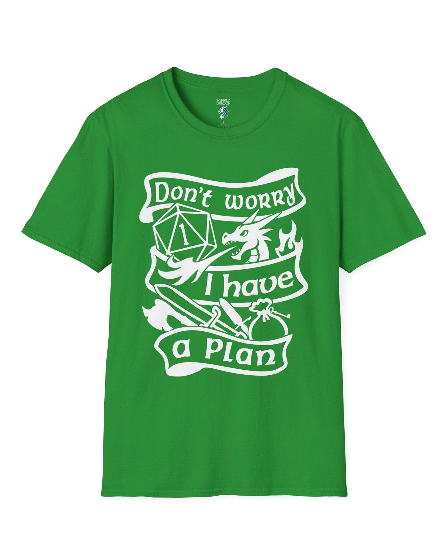 Don't Worry, I Have a Plan shirt in Irish green featuring a dragon, gear, and a d20 die showing a critical fail
