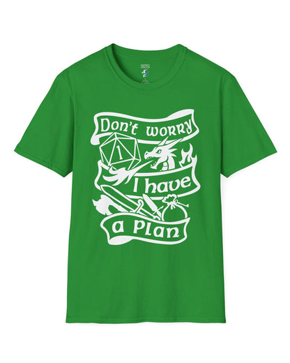 Don't Worry, I Have a Plan shirt in Irish green featuring a dragon, gear, and a d20 die showing a critical fail