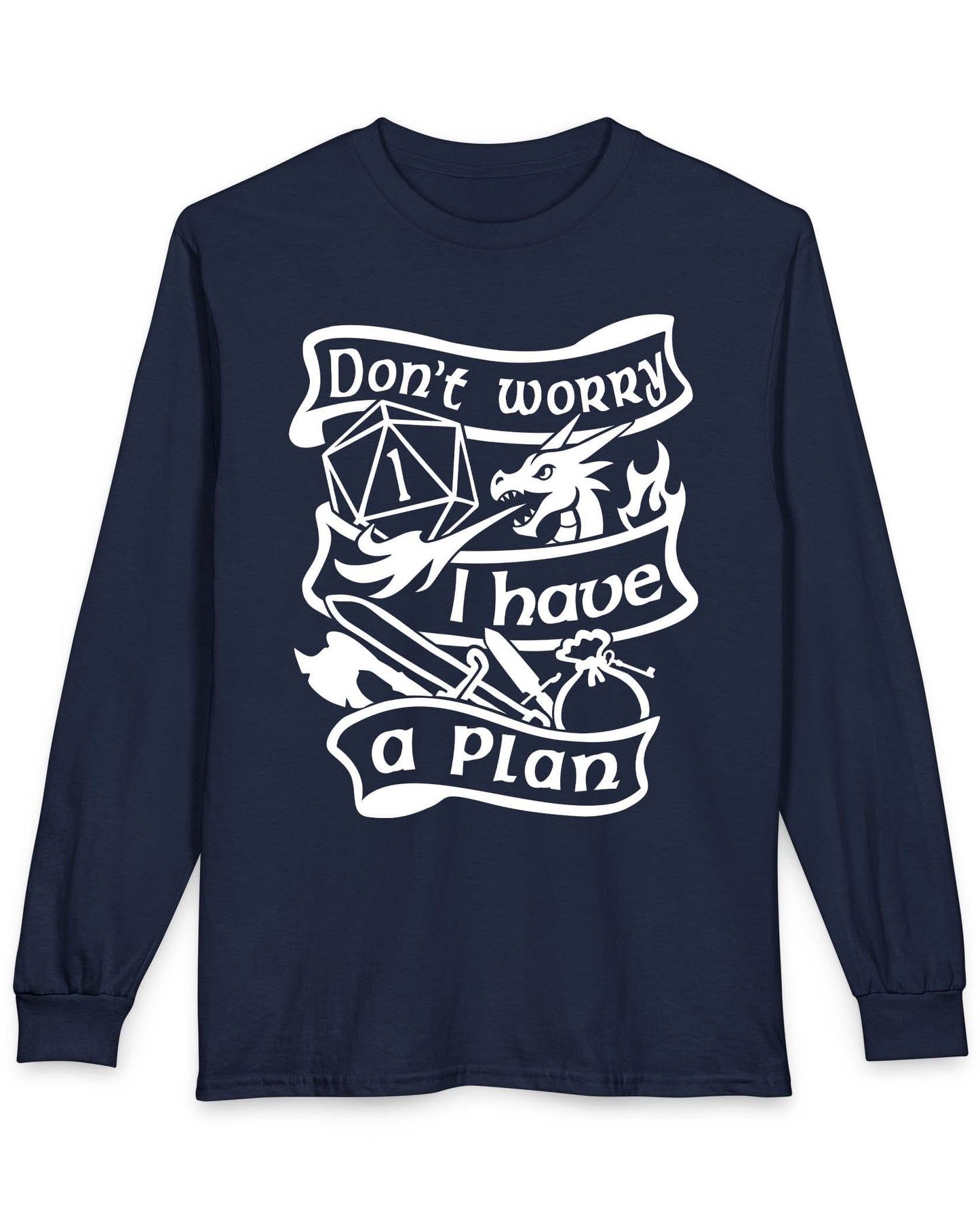 Don't Worry, I Have a Plan shirt in navy, featuring a dragon, gear, and a d20 die showing a critical fail.