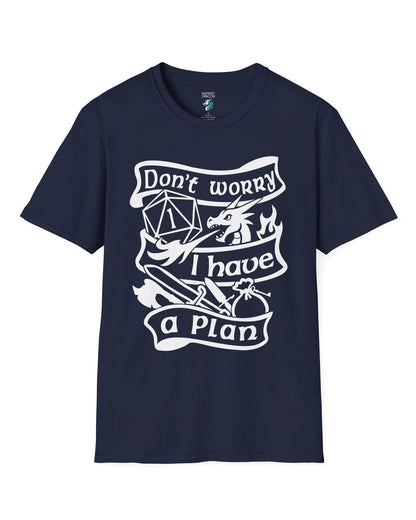 Don't Worry, I Have a Plan shirt in navy, featuring a dragon, gear, and a d20 die showing a critical fail.