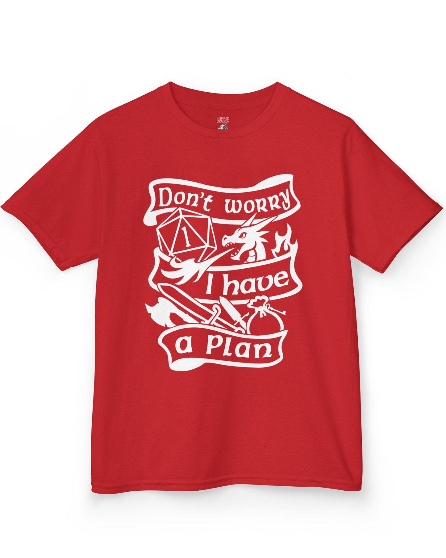 Don't Worry, I Have a Plan shirt in red, featuring a dragon, gear, and a d20 die showing a critical fail.