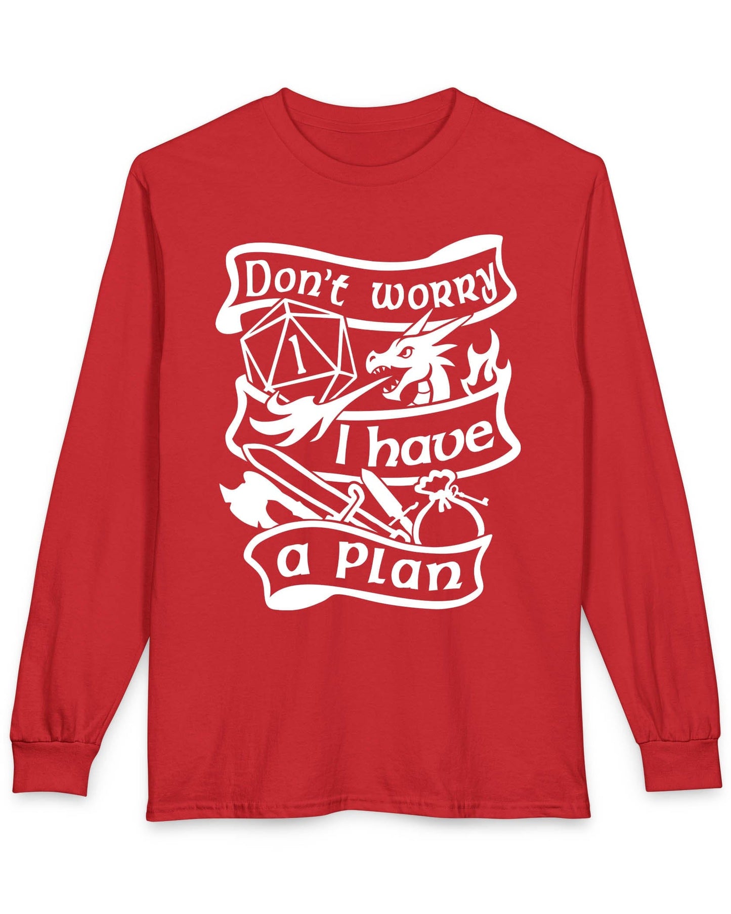 Don't Worry, I Have a Plan shirt in red, featuring a dragon, gear, and a d20 die showing a critical fail.