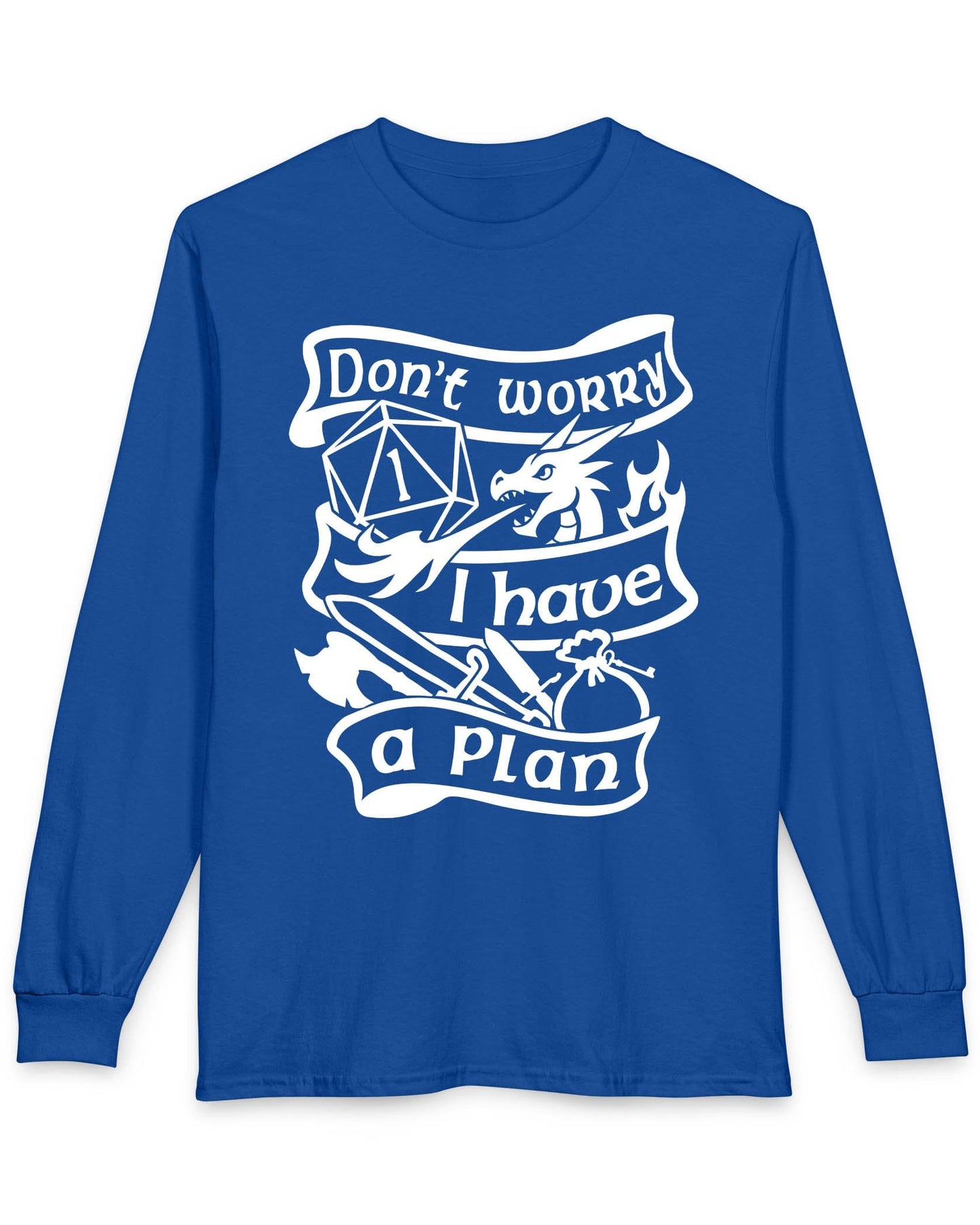 Don't Worry, I Have a Plan shirt in royal blue, featuring a dragon, gear, and a d20 die showing a critical fail.
