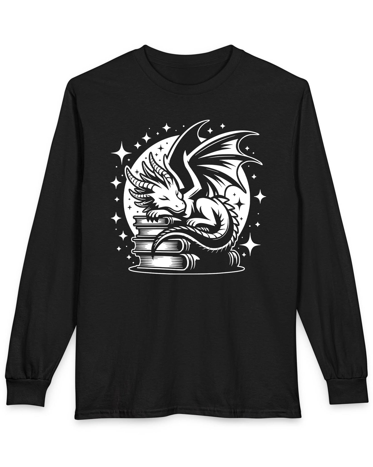 Guardian of Tales shirt in black, featuring a dragon sleeping atop a stack of books under a starry moon.