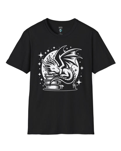 Guardian of Tales shirt in black, featuring a dragon sleeping atop a stack of books under a starry moon.