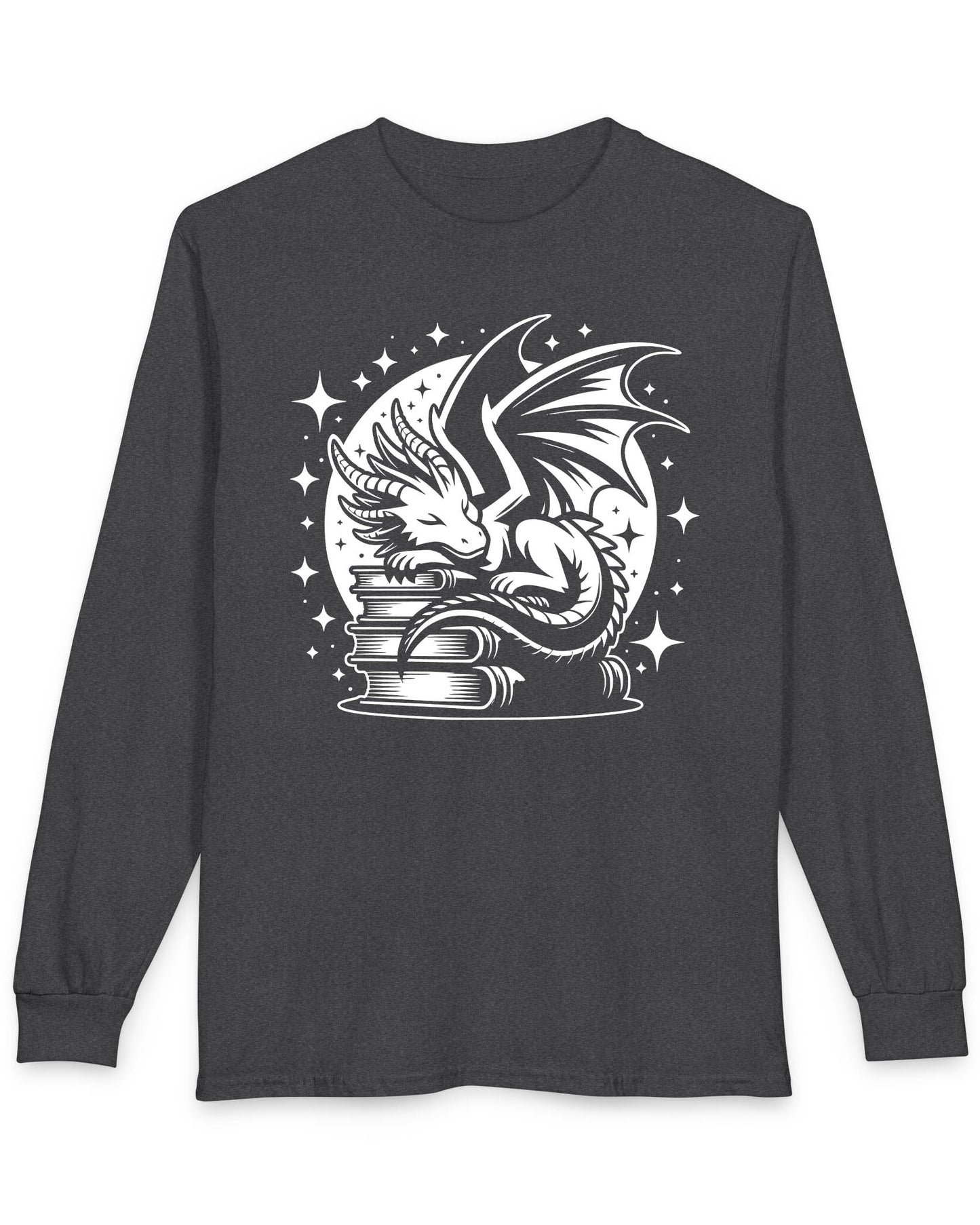 Guardian of Tales shirt in dark heather grey, featuring a dragon sleeping atop a stack of books under a starry moon.