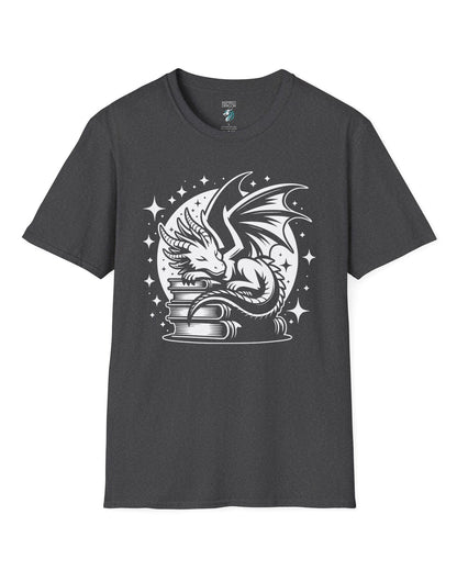 Guardian of Tales shirt in dark heather grey, featuring a dragon sleeping atop a stack of books under a starry moon.