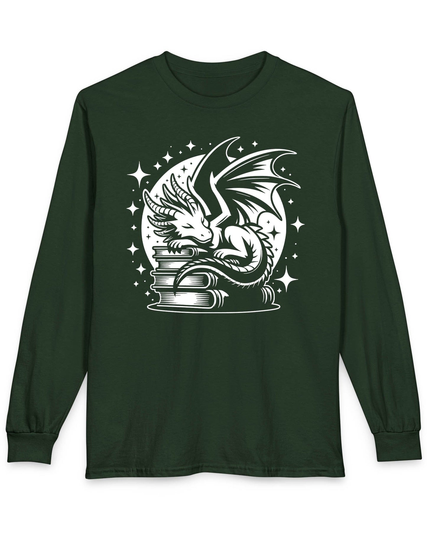 Guardian of Tales shirt in forest green, featuring a dragon sleeping atop a stack of books under a starry moon.