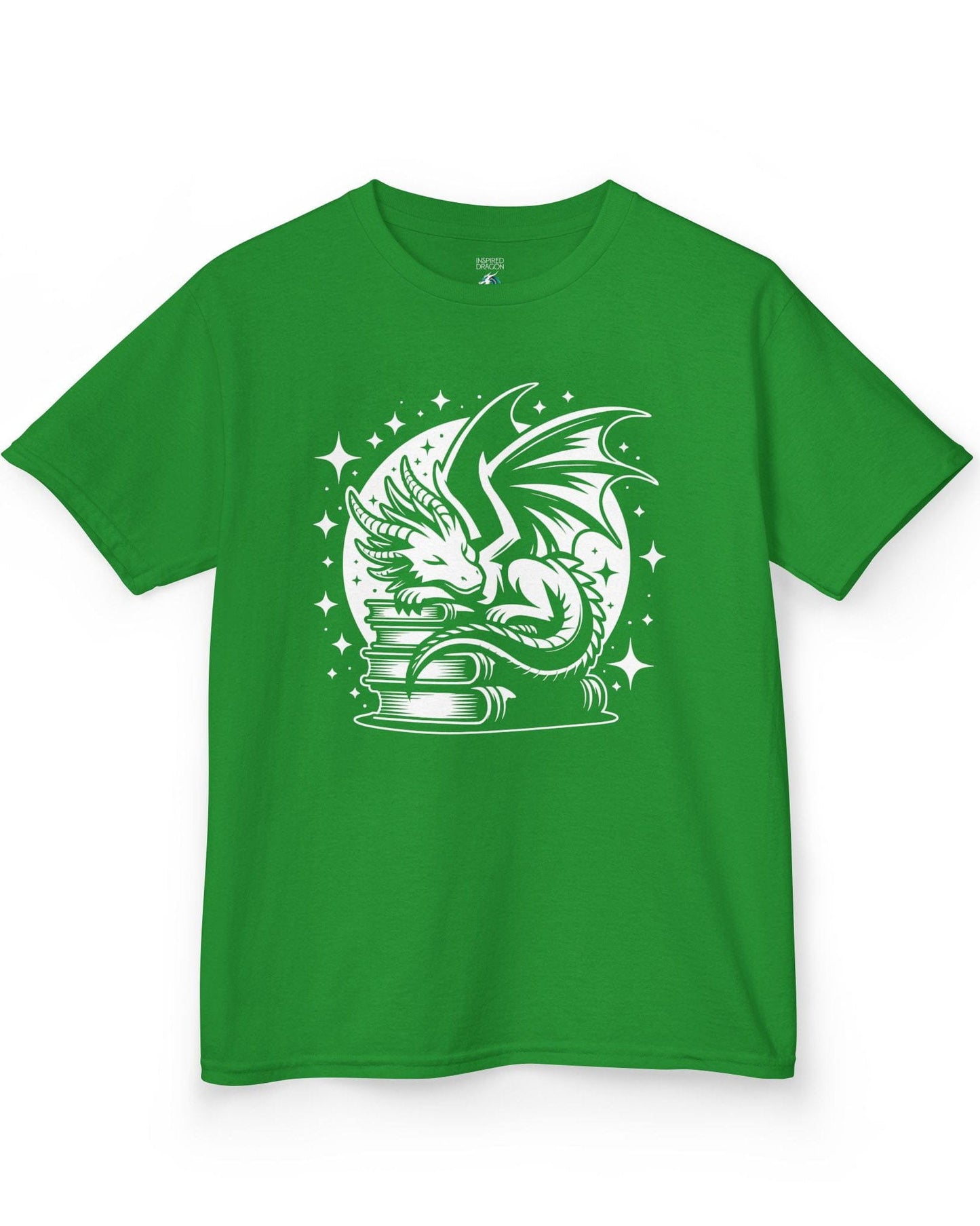 Guardian of Tales shirt in Irish green, featuring a dragon sleeping atop a stack of books under a starry moon.
