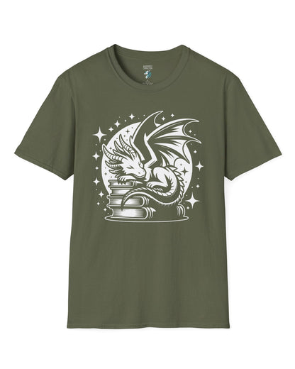 Guardian of Tales shirt in military green, featuring a dragon sleeping atop a stack of books under a starry moon.