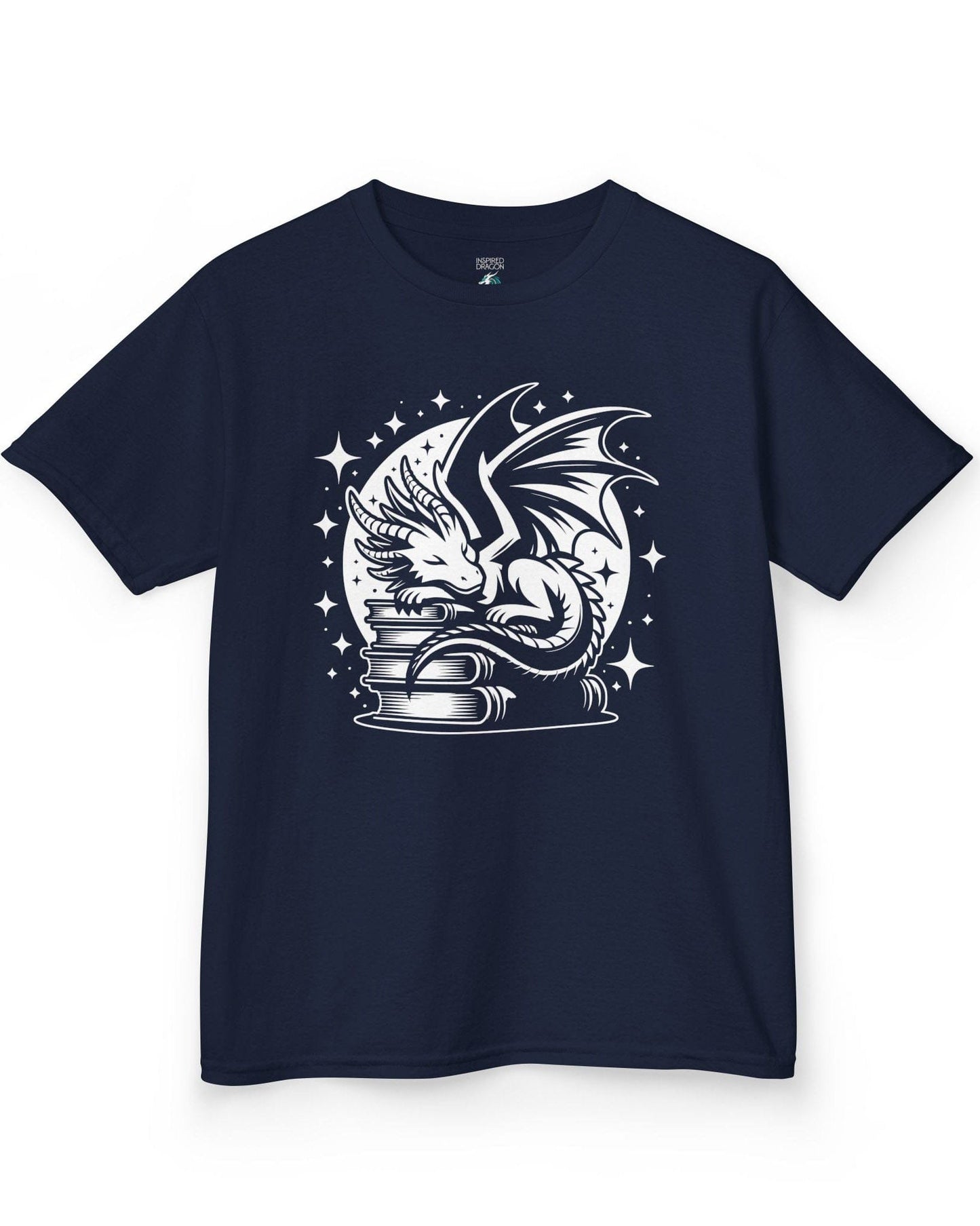 Guardian of Tales shirt in navy, featuring a dragon sleeping atop a stack of books under a starry moon.
