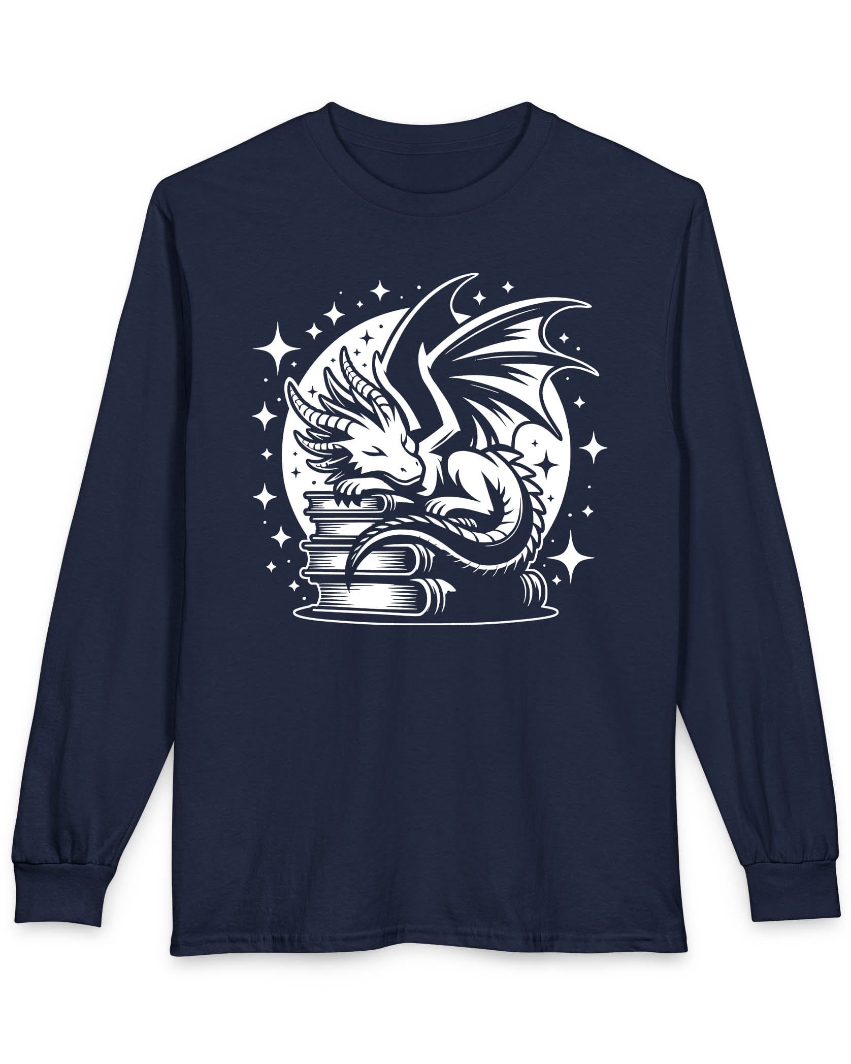 Guardian of Tales shirt in navy, featuring a dragon sleeping atop a stack of books under a starry moon.