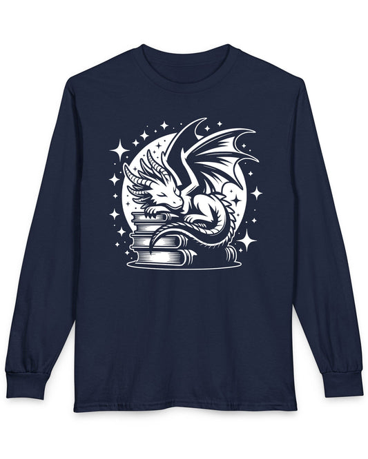 Guardian of Tales shirt in navy, featuring a dragon sleeping atop a stack of books under a starry moon.