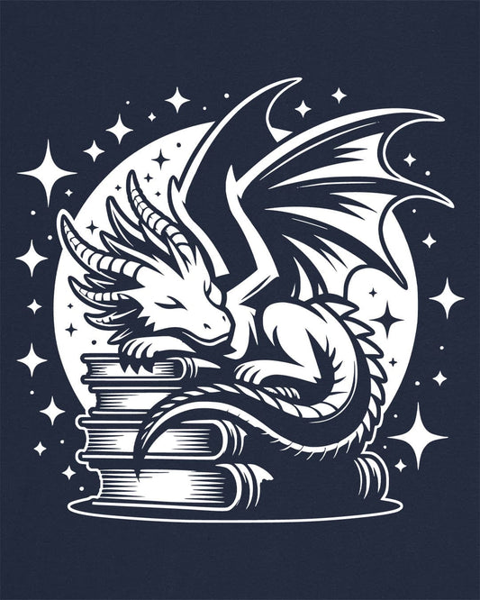 Guardian of Tales shirt in navy, featuring a dragon sleeping atop a stack of books under a starry moon.
