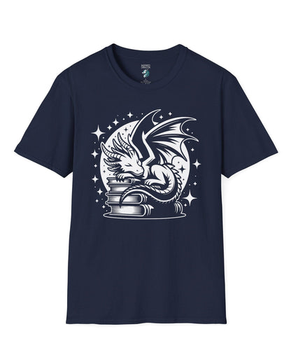 Guardian of Tales shirt in navy, featuring a dragon sleeping atop a stack of books under a starry moon.
