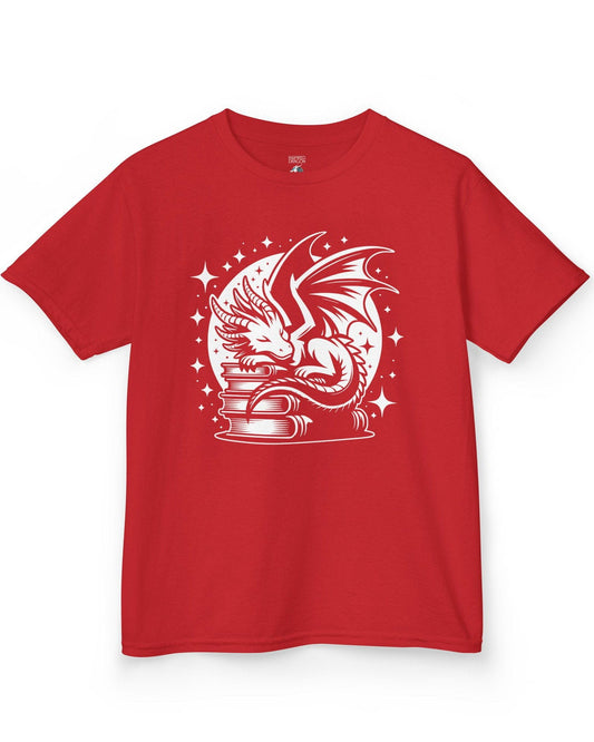 Guardian of Tales shirt in red, featuring a dragon sleeping atop a stack of books under a starry moon.