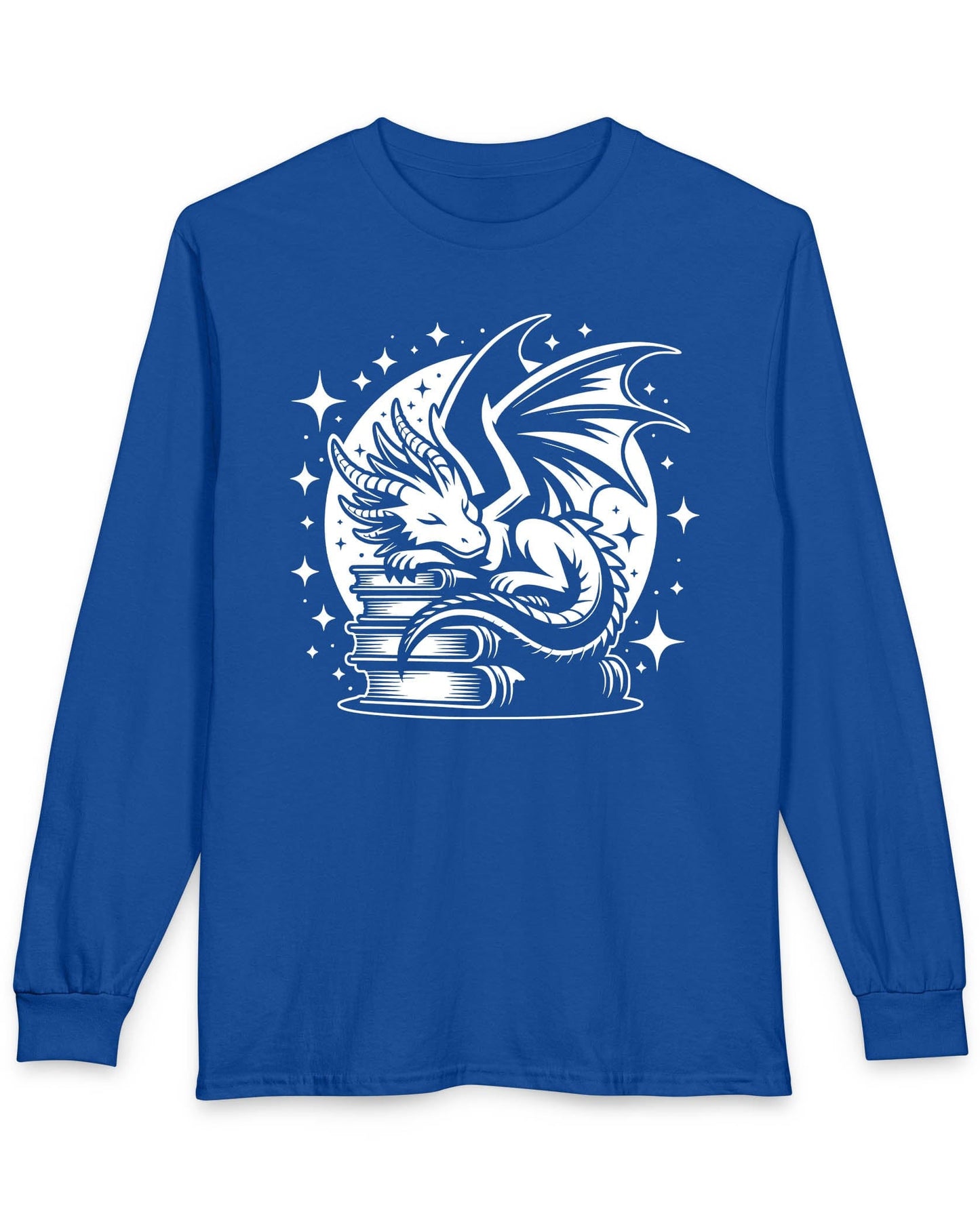 Guardian of Tales shirt in royal blue, featuring a dragon sleeping atop a stack of books under a starry moon.