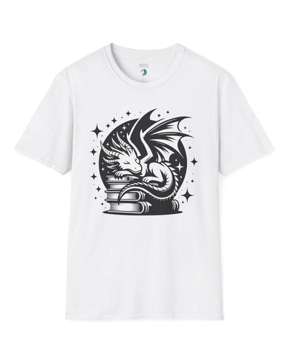 Guardian of Tales shirt in white, featuring a dragon sleeping atop a stack of books under a starry moon.