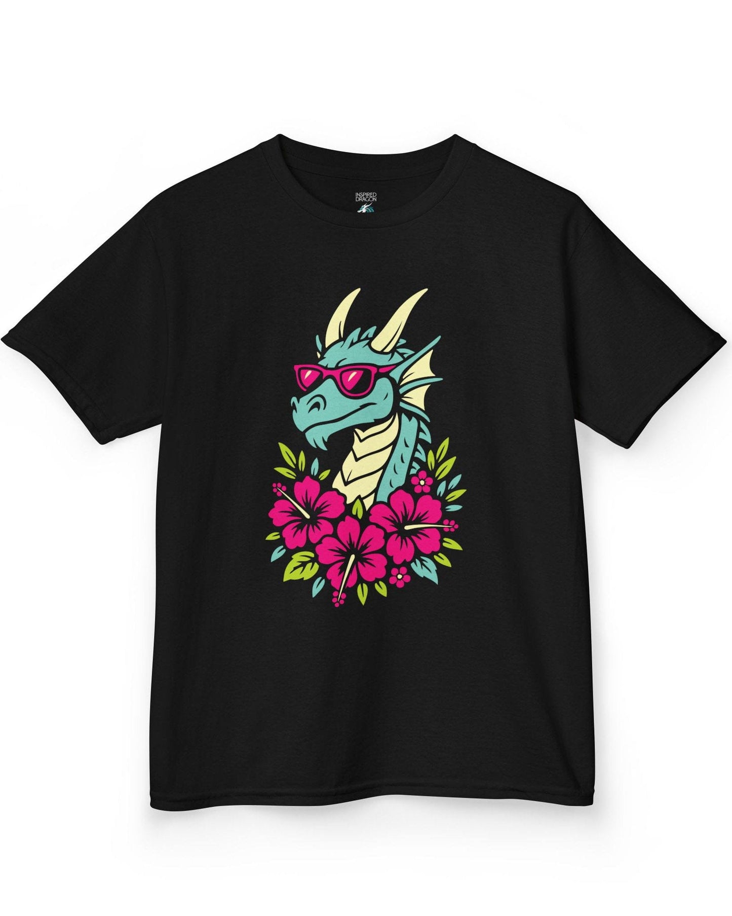 Tropical Radness shirt in black, featuring a cool dragon in shades surrounded by vibrant pink hibiscus flowers.