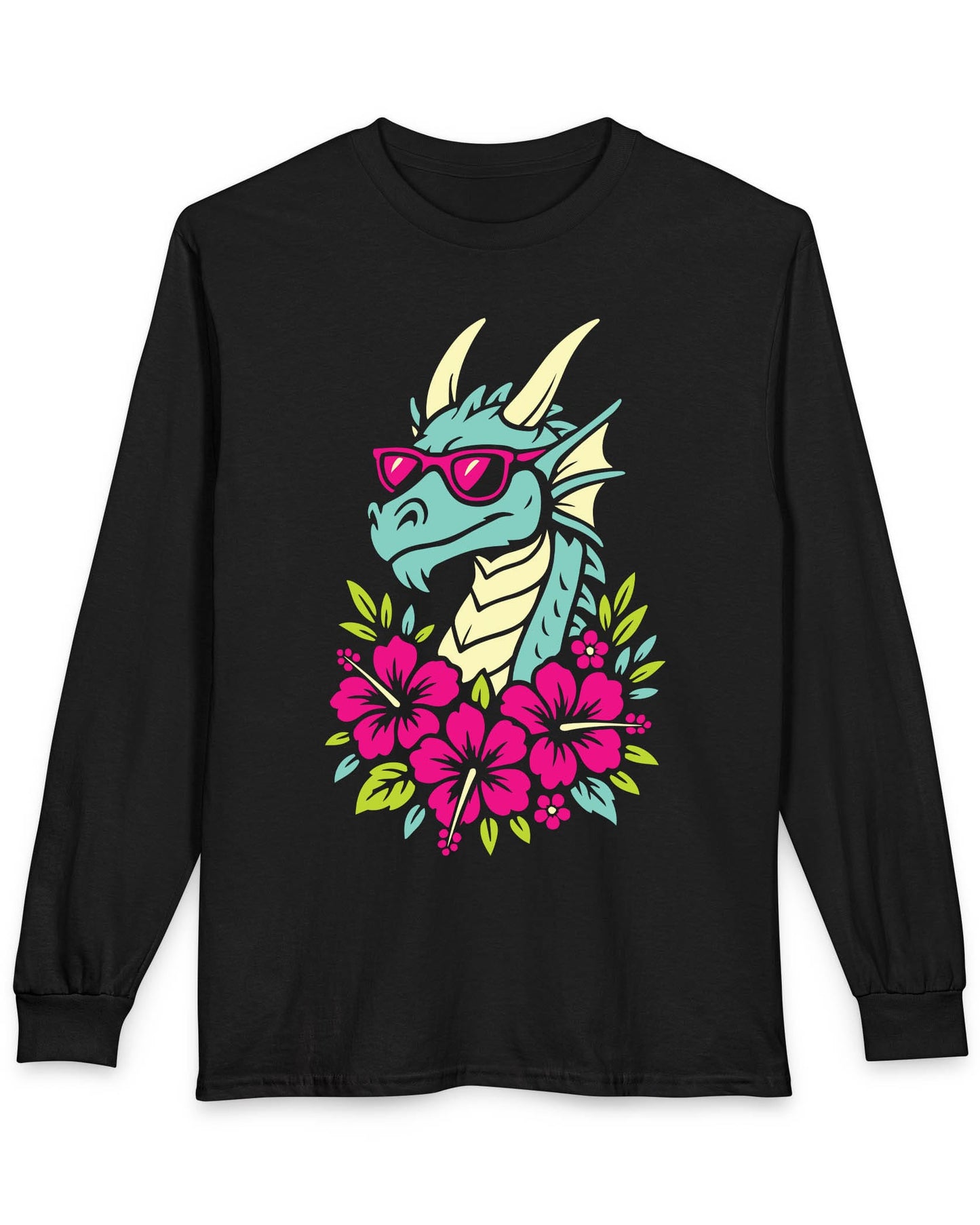 Tropical Radness shirt in black featuring a cool dragon in shades surrounded by vibrant pink hibiscus flowers