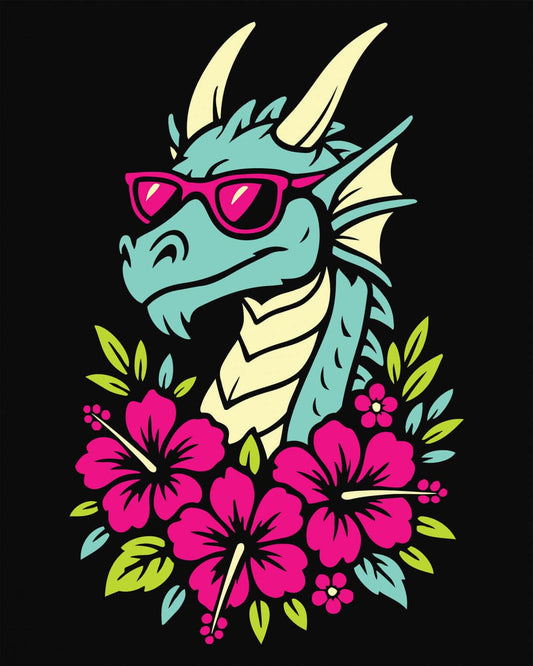 Tropical Radness shirt in black, featuring a cool dragon in shades surrounded by vibrant pink hibiscus flowers.
