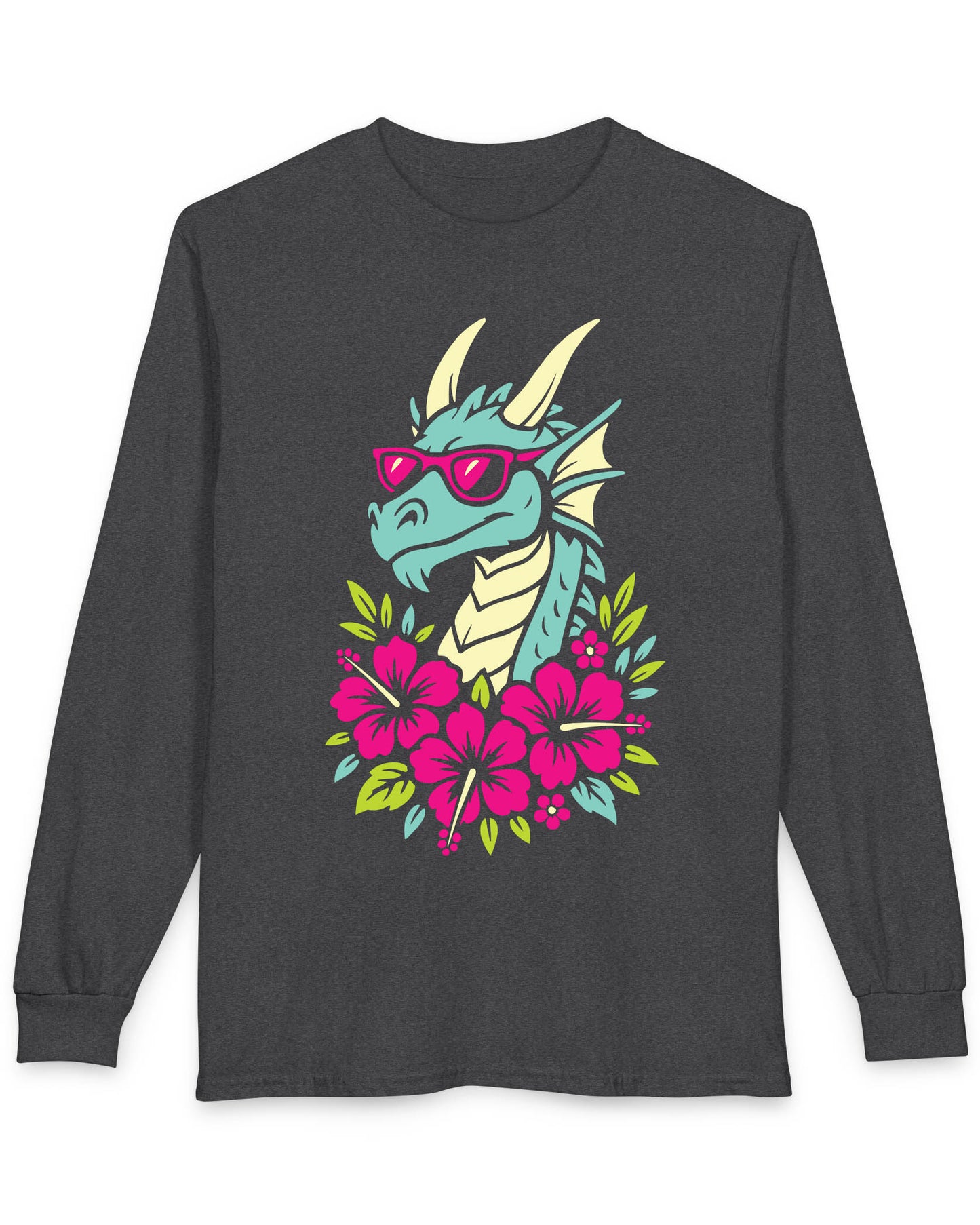 Tropical Radness shirt in dark heather featuring a cool dragon in shades surrounded by vibrant pink hibiscus flowers
