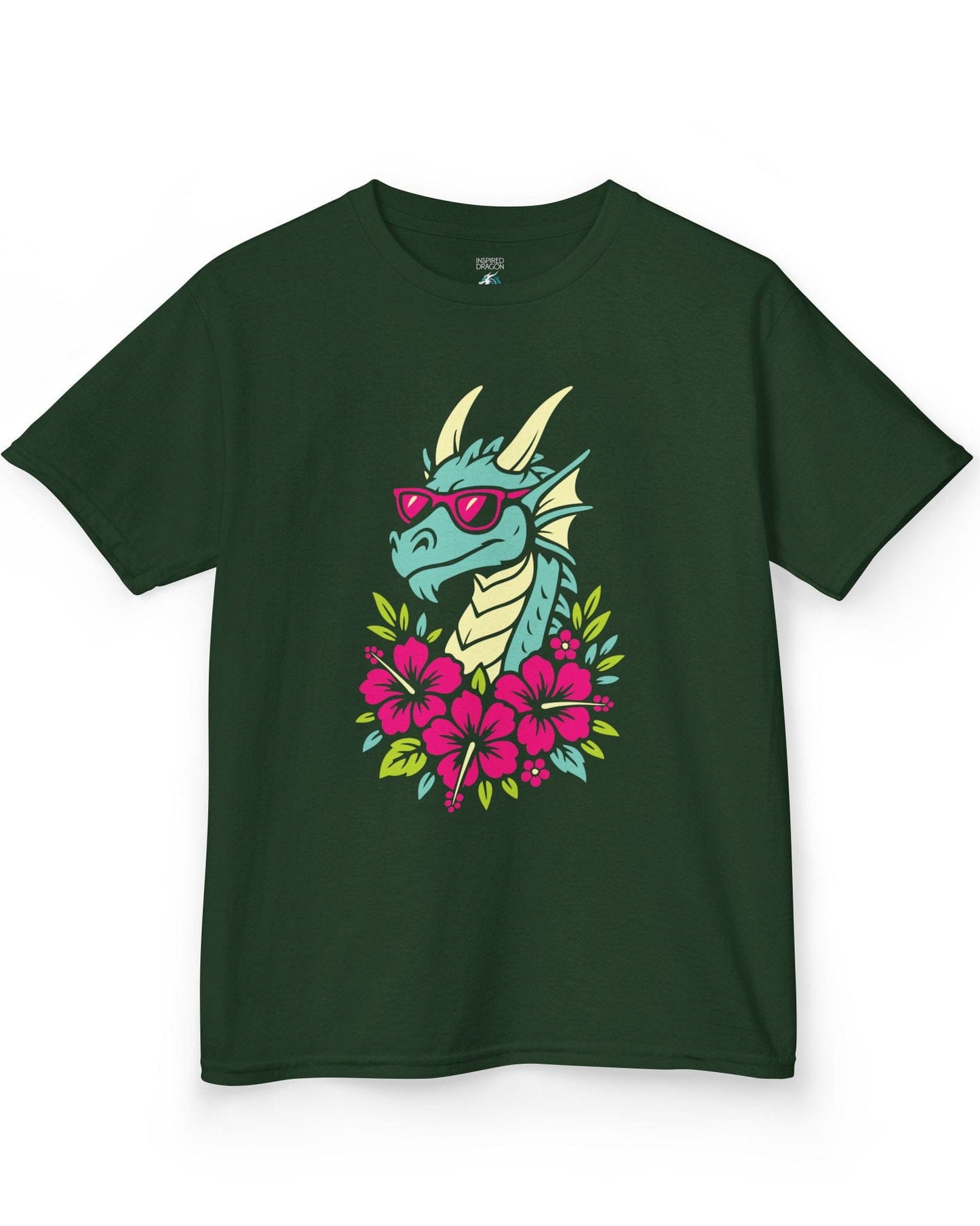 Tropical Radness shirt in forest green, featuring a cool dragon in shades surrounded by vibrant pink hibiscus flowers.