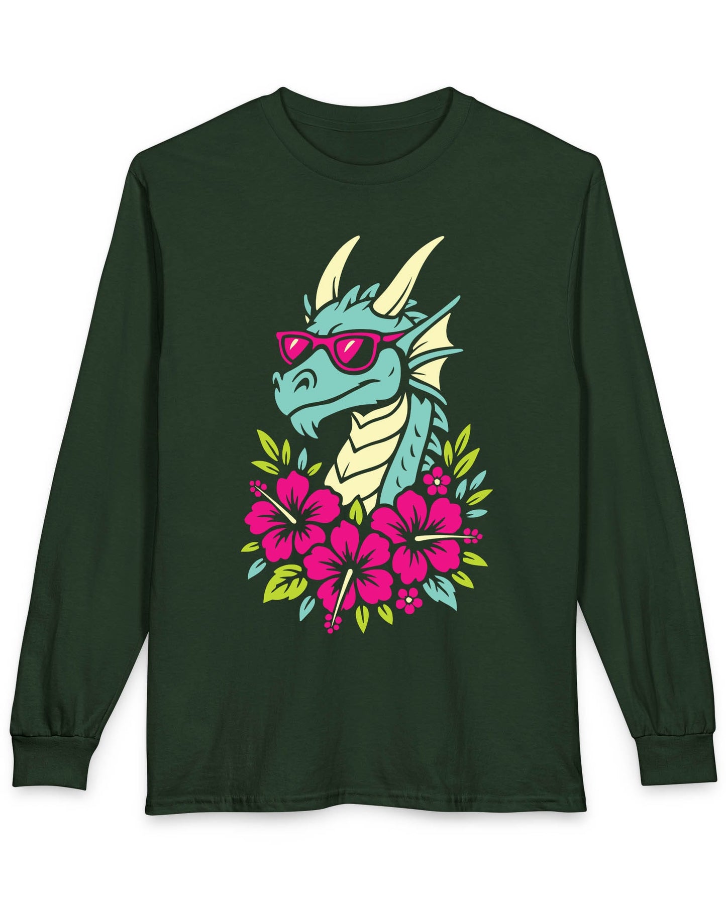 Tropical Radness shirt in forest green featuring a cool dragon in shades surrounded by vibrant pink hibiscus flowers