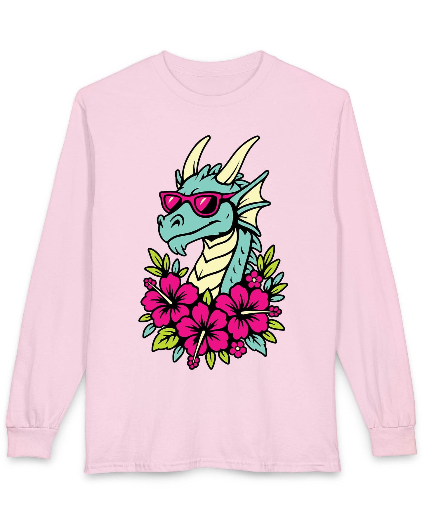 Tropical Radness shirt in light pink featuring a cool dragon in shades surrounded by vibrant pink hibiscus flowers