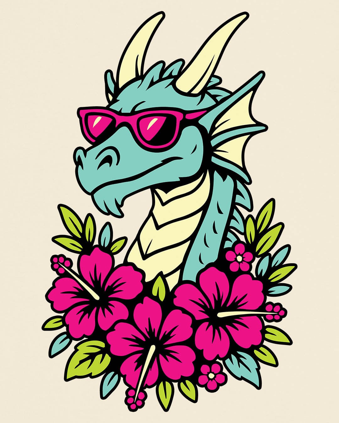 Tropical Radness shirt in natural, featuring a cool dragon in shades surrounded by vibrant pink hibiscus flowers.